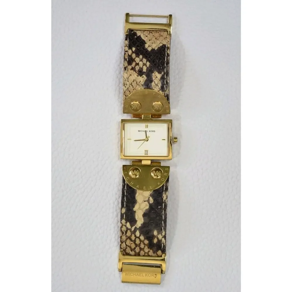 Michael Kors MK2114 Gold Square Watch Brown Python Snake Leather Band Date Dial
